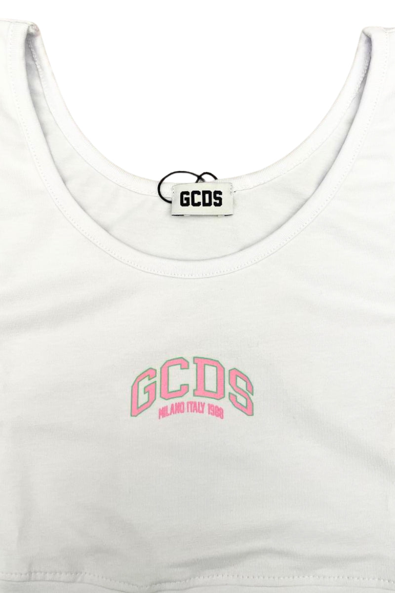 Top da ragazza in cotone elasticizzato con logo lettering stampato a contrasto colore sul davanti C1GJQG544J336