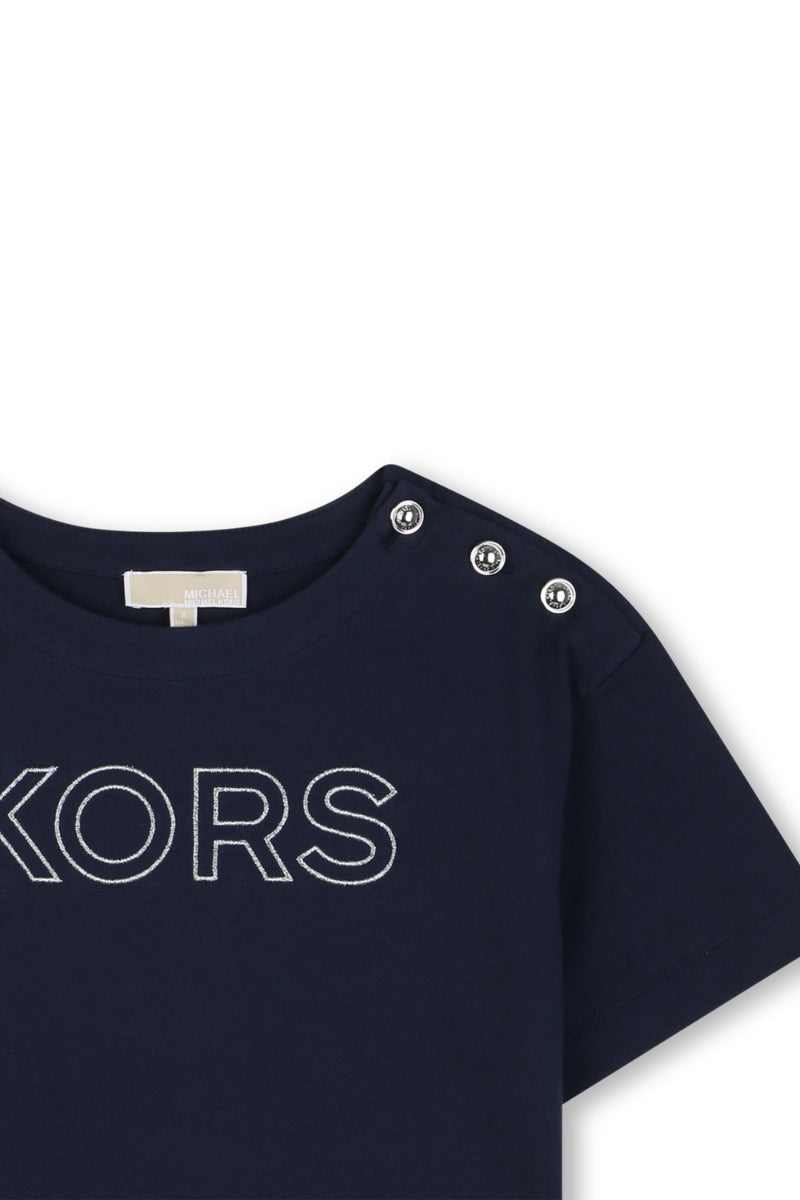T-shirt girocollo da ragazza in jersey di cotone con logo lettering ricamato in lurex R30605/849