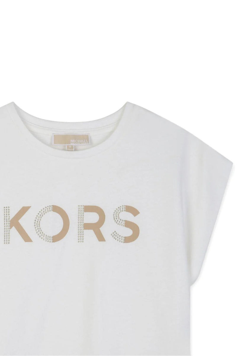 T-shirt da bambina e ragazza in cotone con logo lettering frontale con mini strass R30607/117
