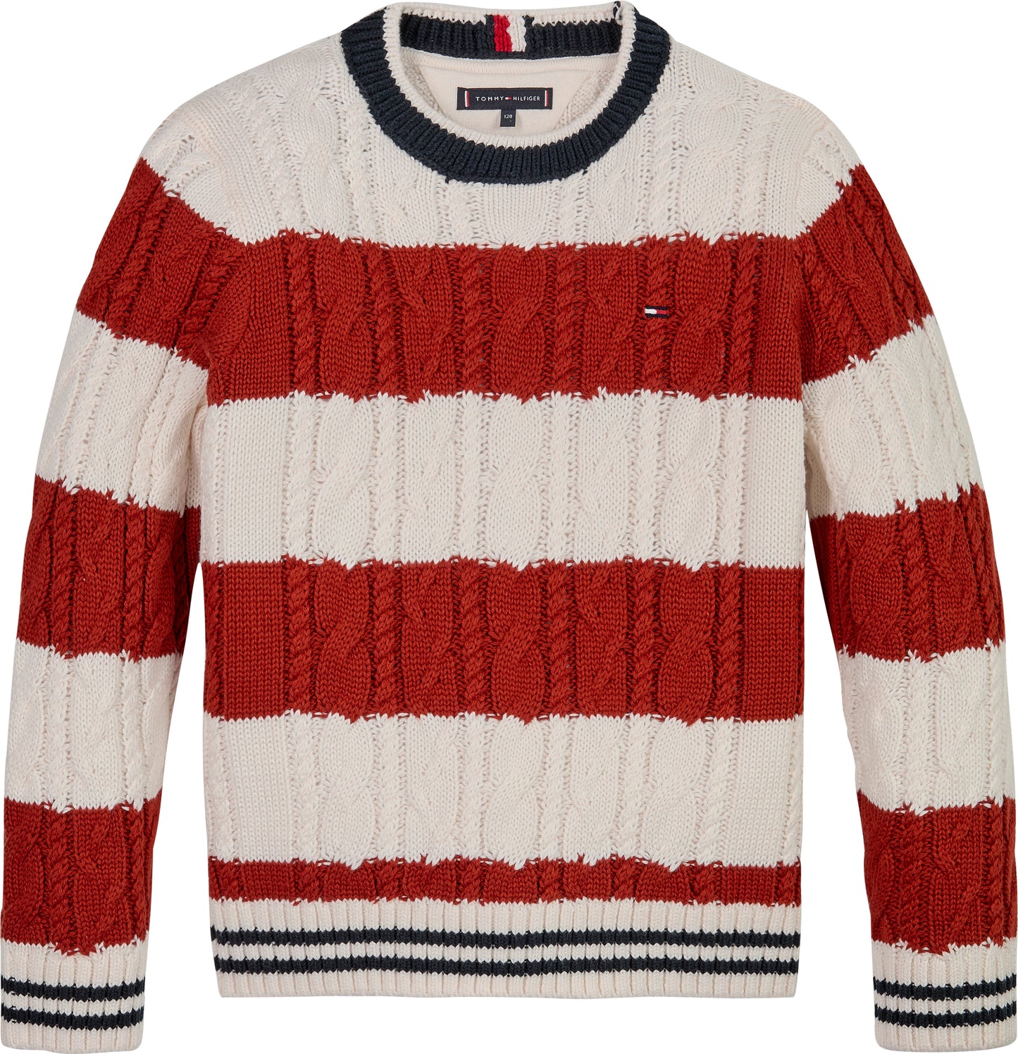 Maglione girocollo a righe lavorato a trecce