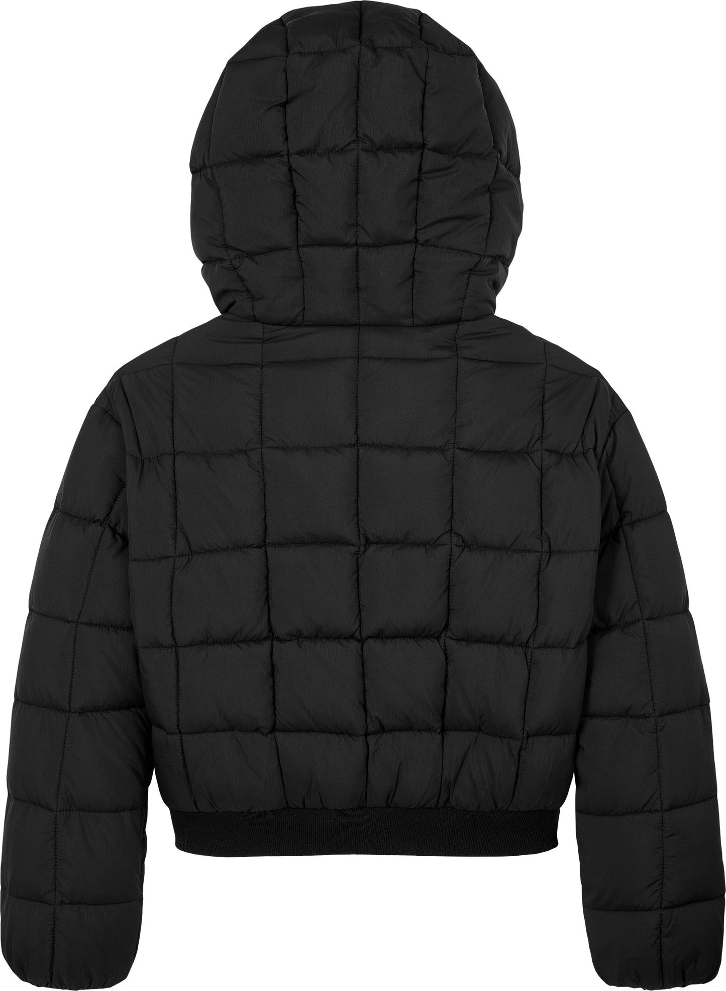 Giubbotto corto da ragazza con cappuccio trapuntato a quadri