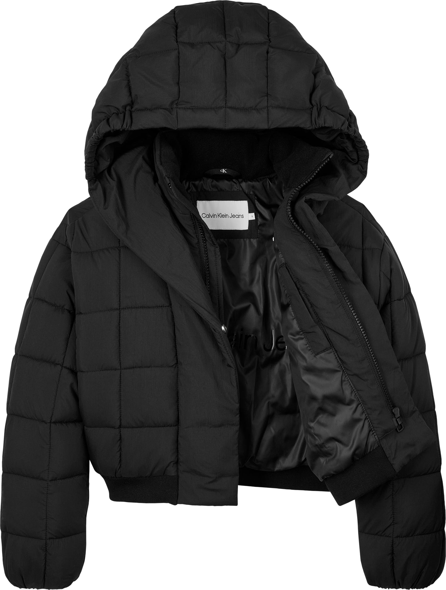 Giubbotto corto da ragazza con cappuccio trapuntato a quadri