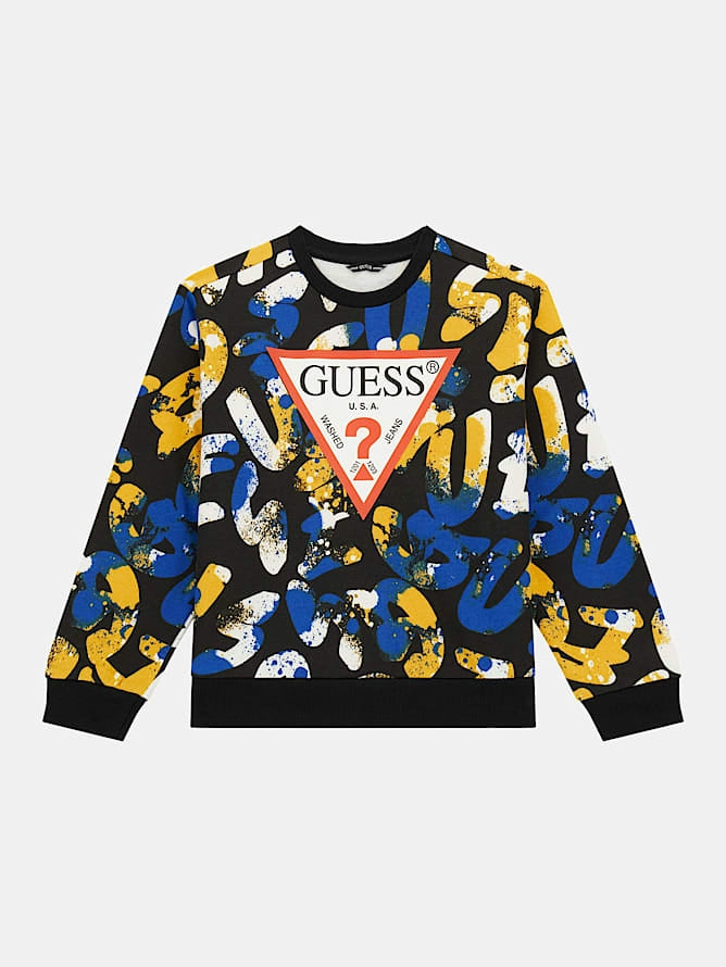 Felpa girocollo da ragazzo a fantasia con maxi triangolo logato sul davanti