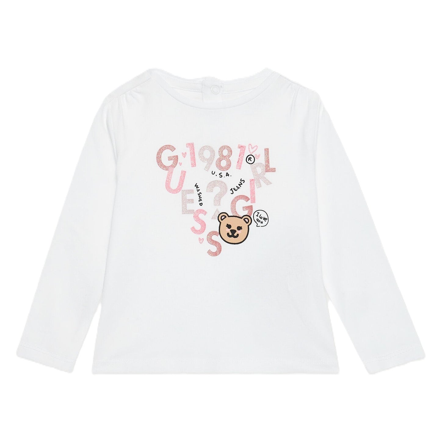 Maglia girocollo con bottoncini sul retro e stampa logo glitter