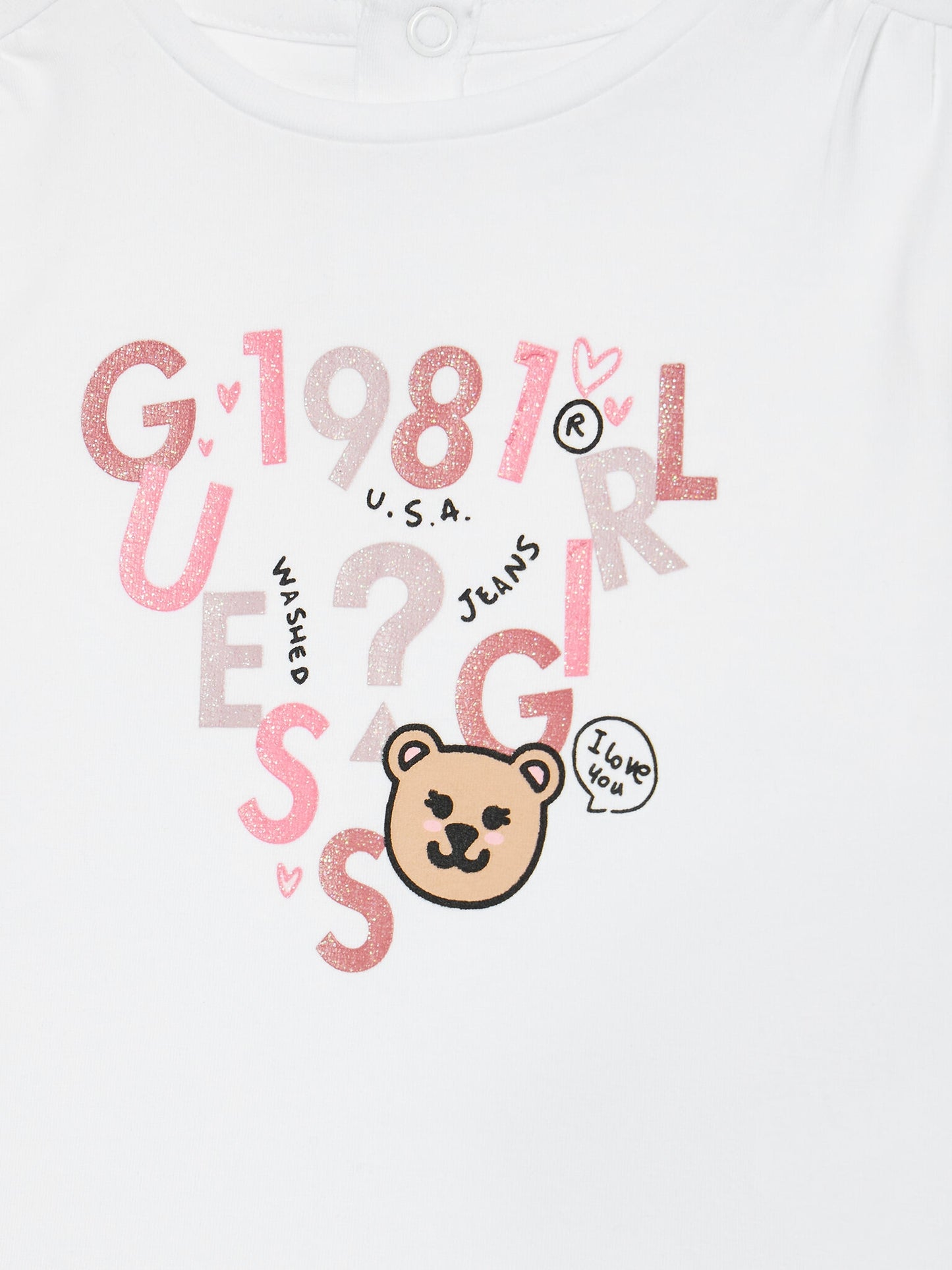 Maglia girocollo con bottoncini sul retro e stampa logo glitter