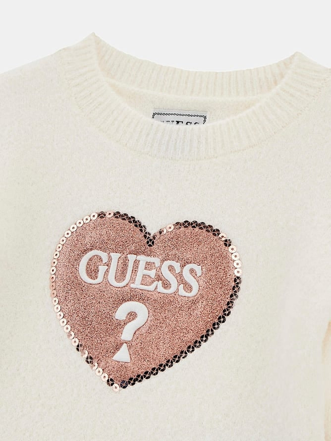 Maglione da bambina e ragazza girocollo con maxi cuore  logato frontale con strass