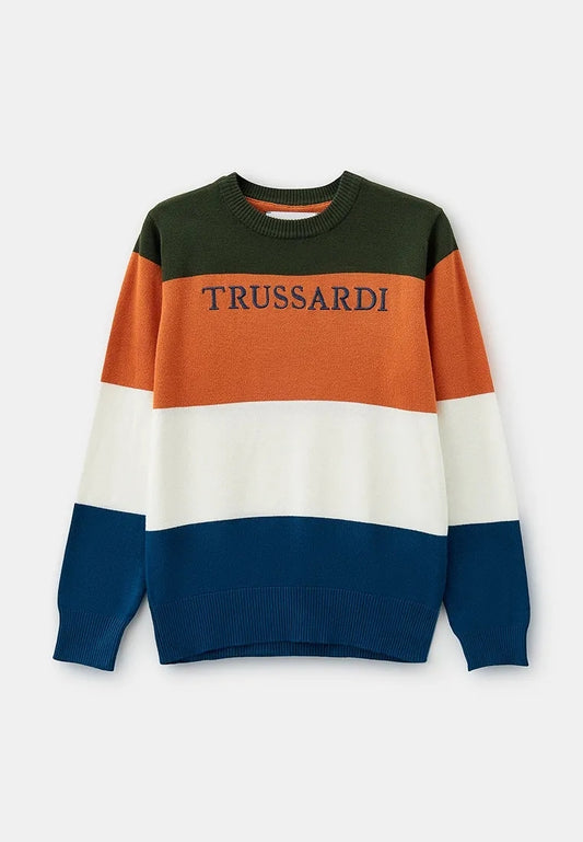 Maglione girocollo da ragazzo con fasce multicolor e logo lettering sul davanti