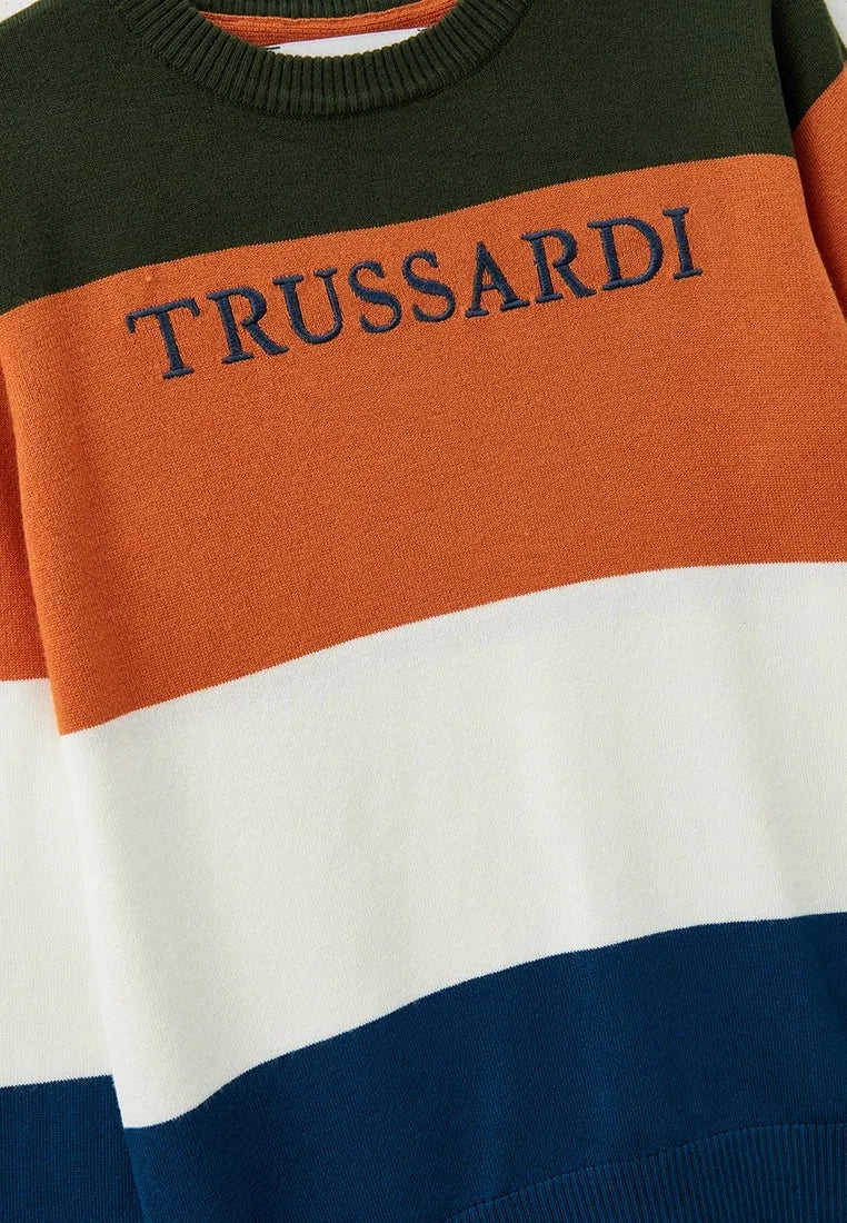 Maglione girocollo da ragazzo con fasce multicolor e logo lettering sul davanti