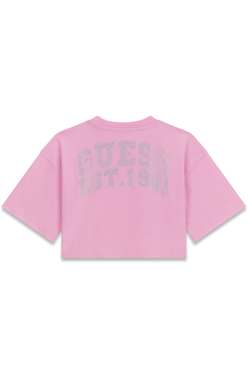 T-shirt cropped da ragazza con maxi logo lettering con strass sul retro J6RI13K8HM4