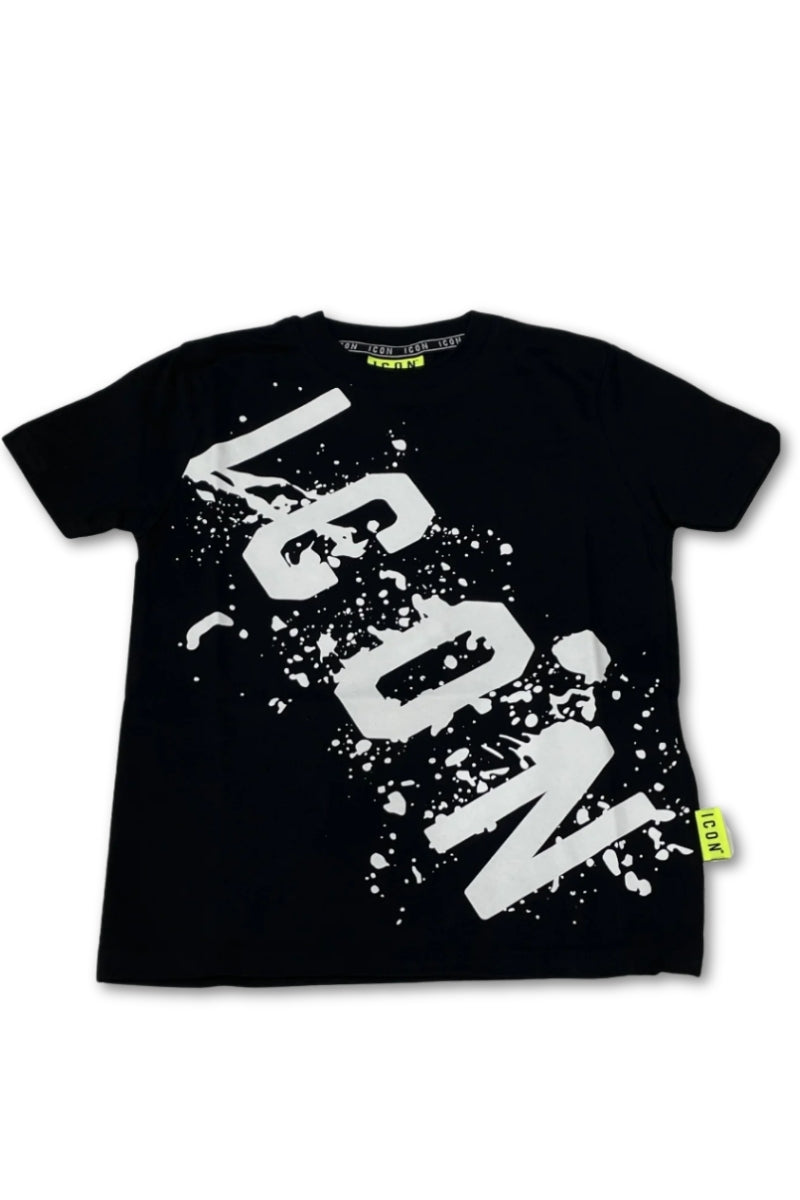 T-shirt da ragazzo girocollo con stampa con maxi logo lettering trasversale e schizzi IBKS00519