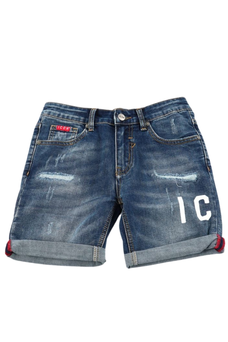 Bermuda da ragazzo con baffature, strappi frontali e logo lettering laterale IBDS00455