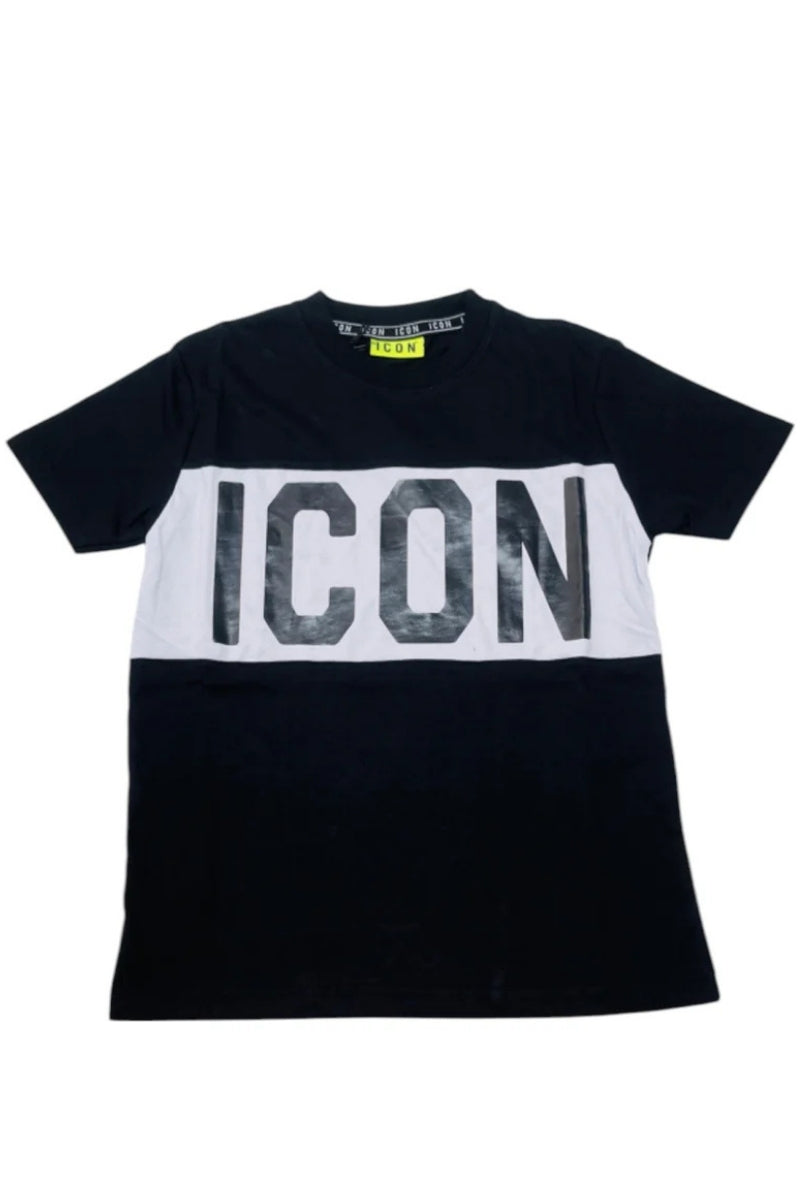 T-shirt da ragazzo girocollo con fascia centrale a contrasto e maxi logo lettering IBKS00482