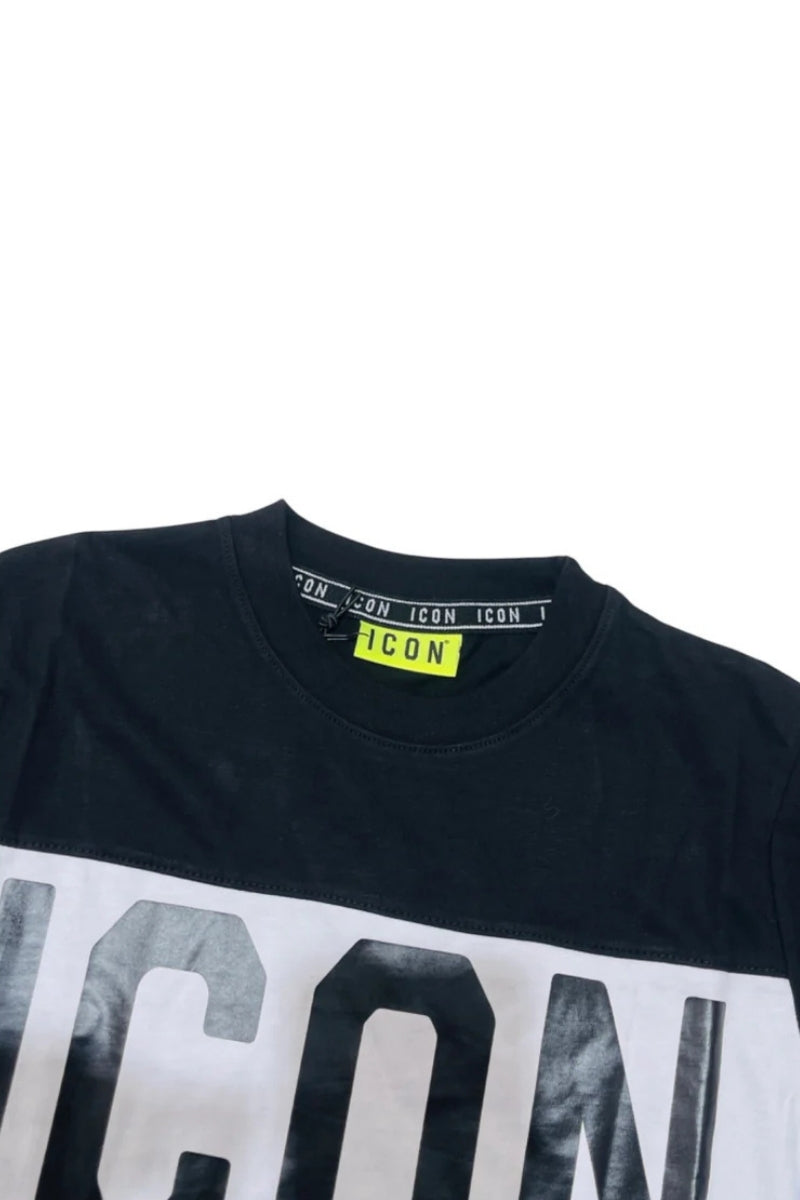 T-shirt da ragazzo girocollo con fascia centrale a contrasto e maxi logo lettering IBKS00482