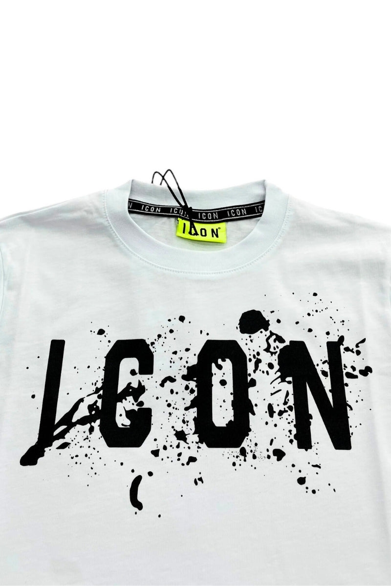 T-shirt girocollo da ragazzo con stampa con logo lettering e schizzi IBKS00520