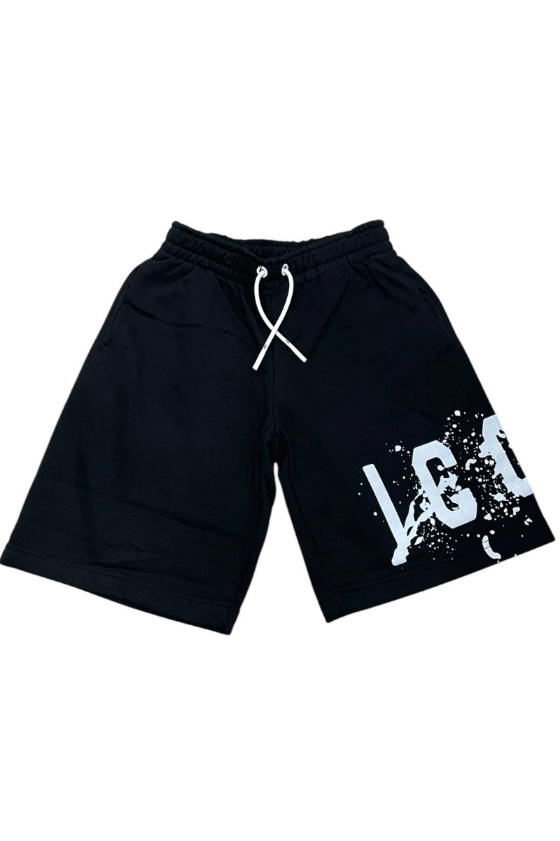 Bermuda da ragazzo con cinta elastica e stampa con logo lettering e schizzi IBSH00523