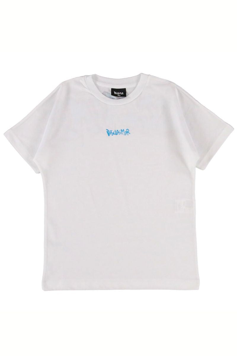 T-shirt girocollo da ragazzo con logo lettering a contrasto sul petto e logo effetto vernice spray sul retro 25EDK58407