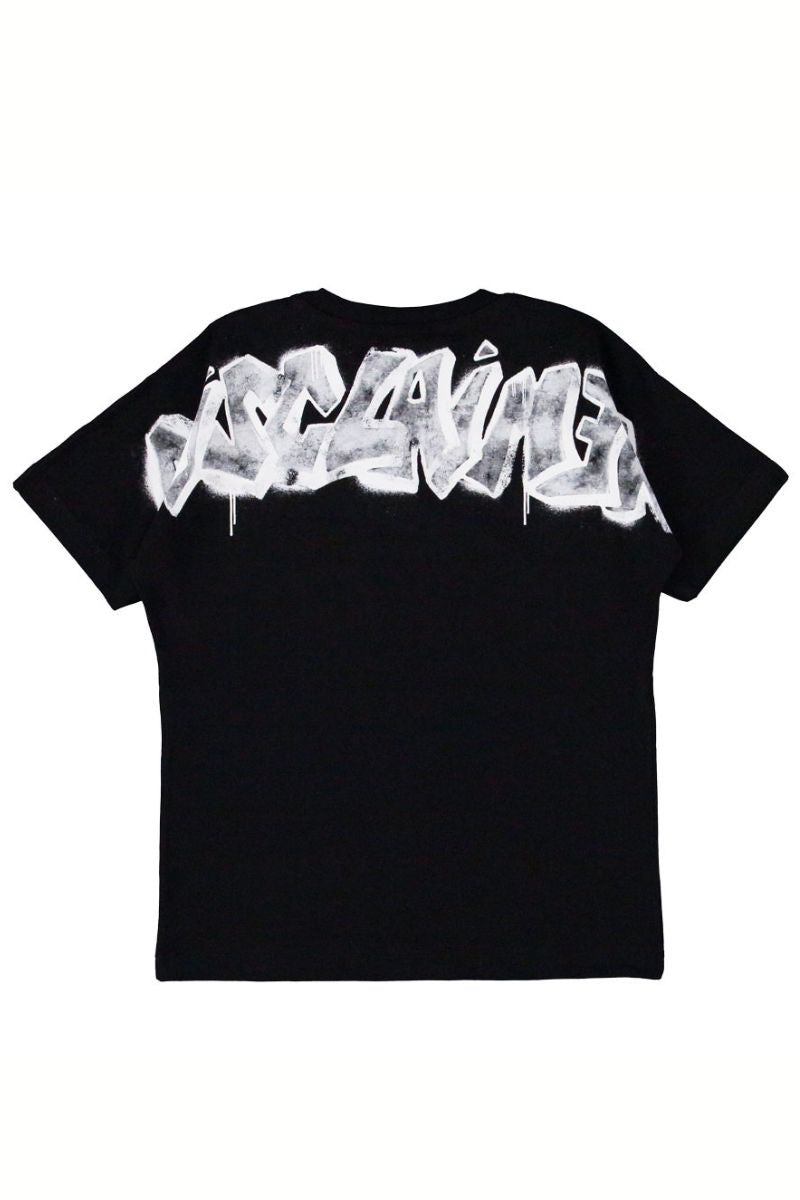 T-shirt girocollo da ragazzo con logo lettering a contrasto sul petto e logo effetto vernice spray sul retro 25EDK58407