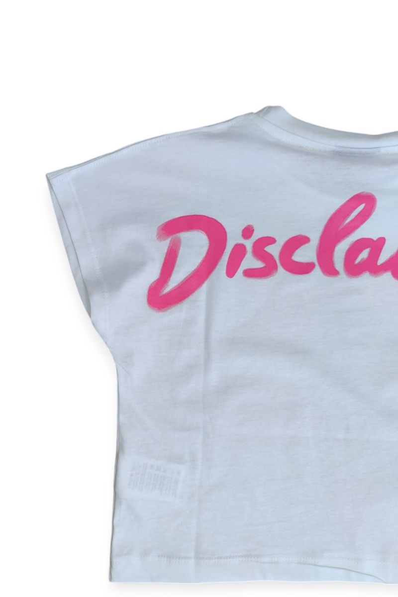 T-shirt cropped da ragazza in cotone con mini logo davanti e maxi logo sul retro 25EDK58512
