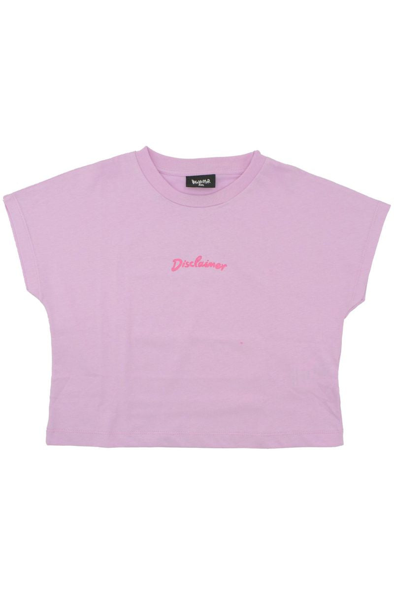 T-shirt cropped da ragazza in cotone con mini logo davanti e maxi logo sul retro 25EDK58512