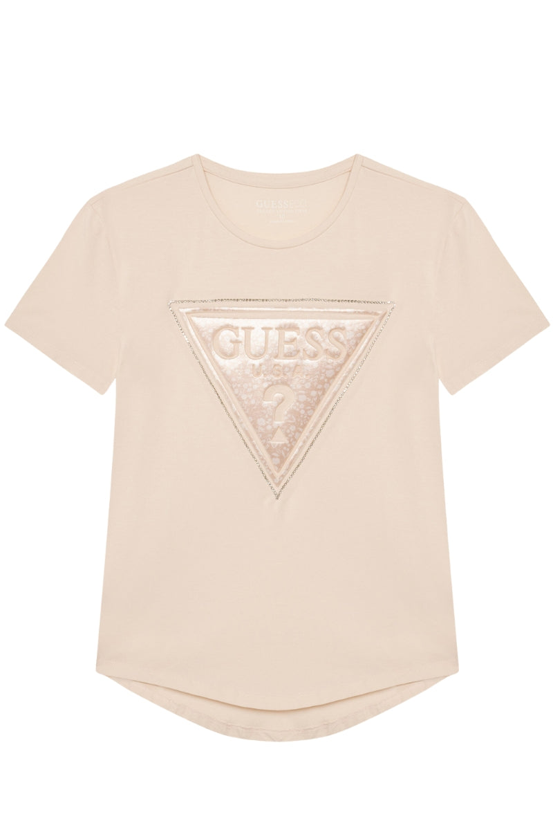T-shirt girocollo da ragazza con triangolo logato con strass J5GI15K6YW4