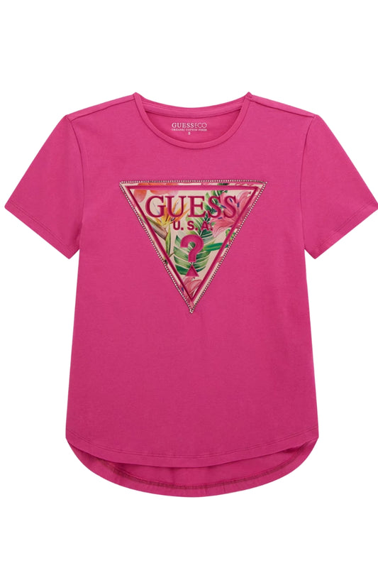 T-shirt girocollo da ragazza con triangolo logato con strass J5GI15K6YW4