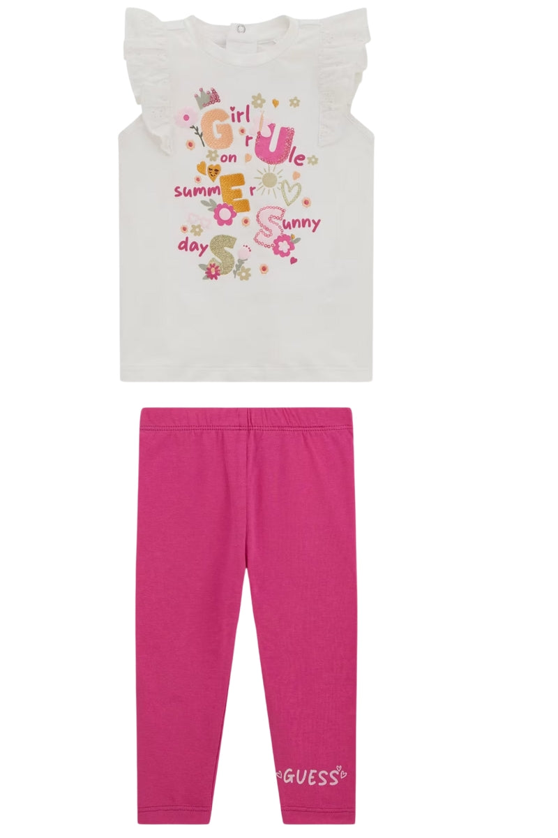 Completo due pezzi da neonato t-shirt e leggins in cotone con ricami e maniche in pizzo san gallo A5GG10K6YW4