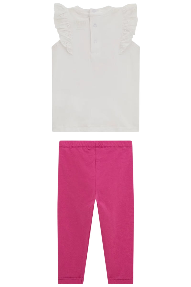 Completo due pezzi da neonato t-shirt e leggins in cotone con ricami e maniche in pizzo san gallo A5GG10K6YW4