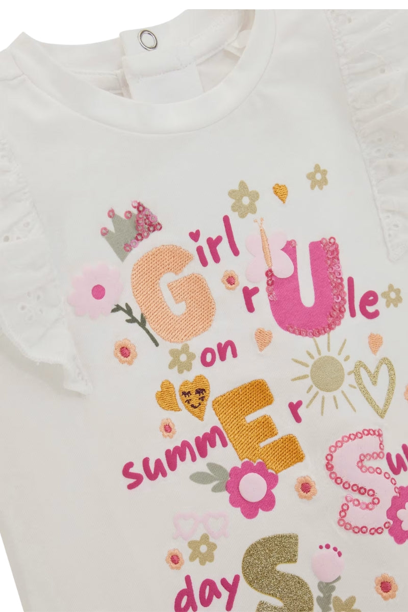 Completo due pezzi da neonato t-shirt e leggins in cotone con ricami e maniche in pizzo san gallo A5GG10K6YW4