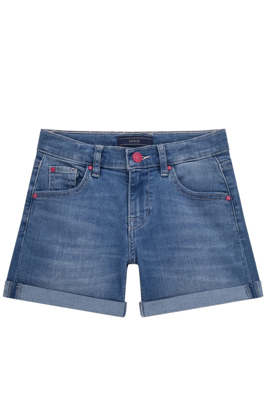 Shorts da ragazza in denim a cinque tasche con risvoltini e logo lettering con strass sulla tasca posteriore J5GD01D4CA0