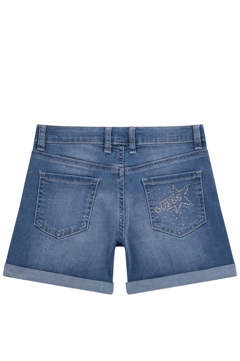 Shorts da ragazza in denim a cinque tasche con risvoltini e logo lettering con strass sulla tasca posteriore J5GD01D4CA0