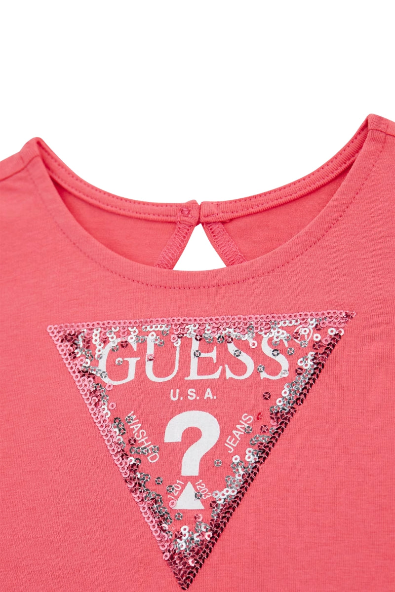 Abito midi da bambina in cotone con triangolo logato con paillettes sul davanti K5GK22K6YW4