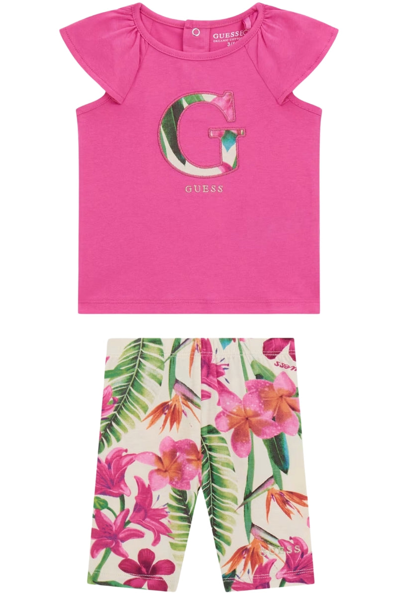 Completo da neonata in cotone stampa floreale all over e logo ricamo G sul davanti A5GG11K6YW4