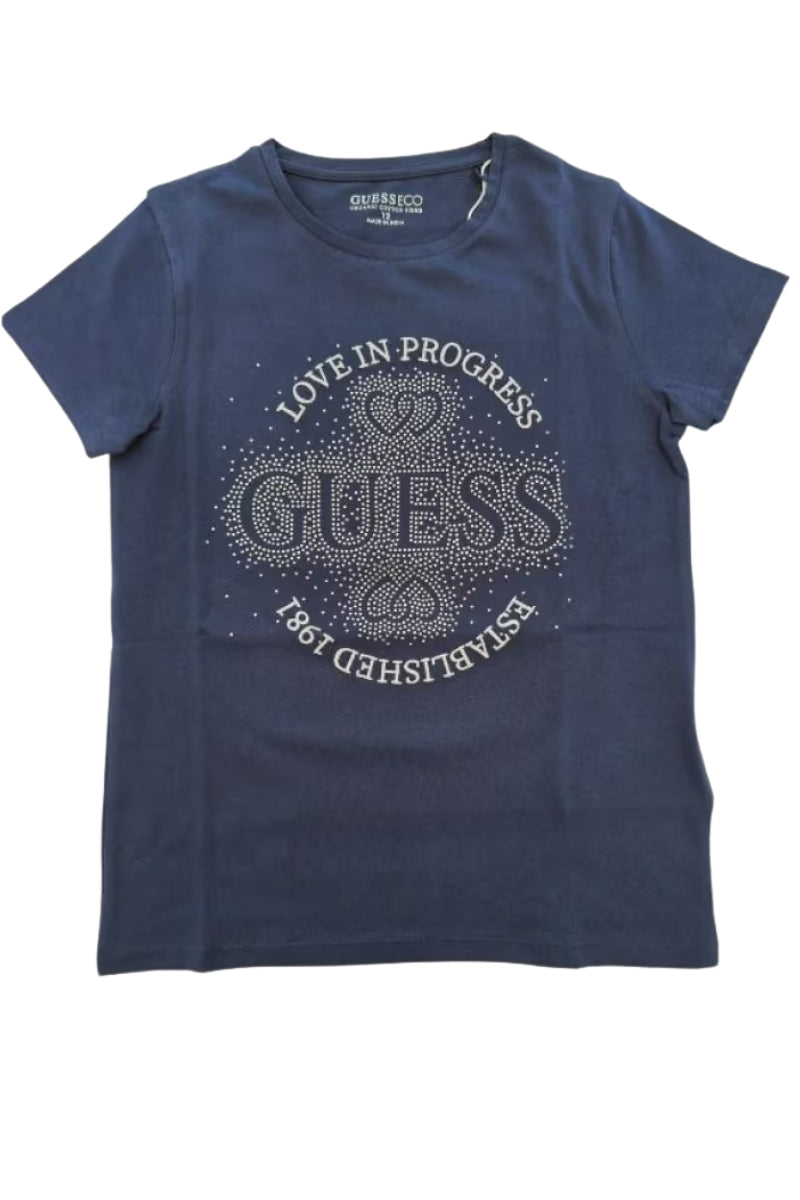 T-shirt girocollo da bambina e ragazza con maxi logo con strass J5RI36K6YW4