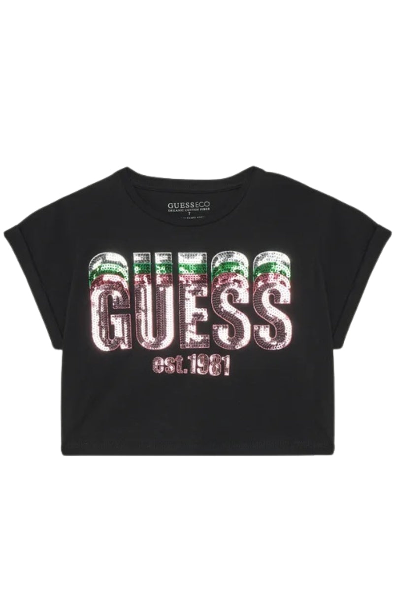 T-shirt girocollo da ragazza con maxi logo lettering con paillettes sul davanti J5RI10K8HM4