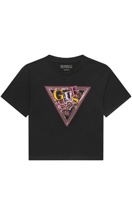 T-shirt girocollo da ragazza con maxi triangolo logato con paillettes J5GI04K6YW4