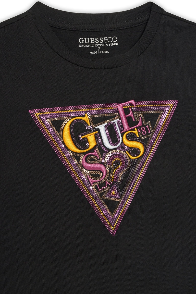 T-shirt girocollo da ragazza con maxi triangolo logato con paillettes J5GI04K6YW4