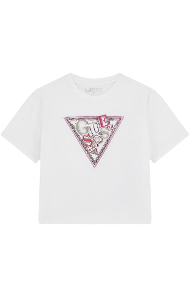 T-shirt girocollo da ragazza con maxi triangolo logato con paillettes J5GI04K6YW4