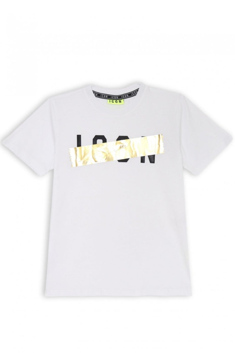 T-shirt girocollo da ragazzo con maxi logo e dettaglio laminato dorato IBKS00690