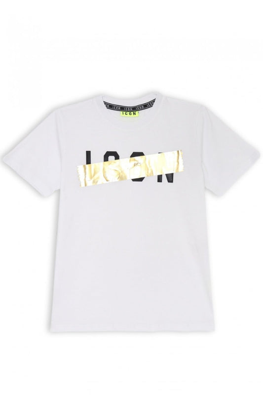 T-shirt girocollo da ragazzo con maxi logo e dettaglio laminato dorato IBKS00690