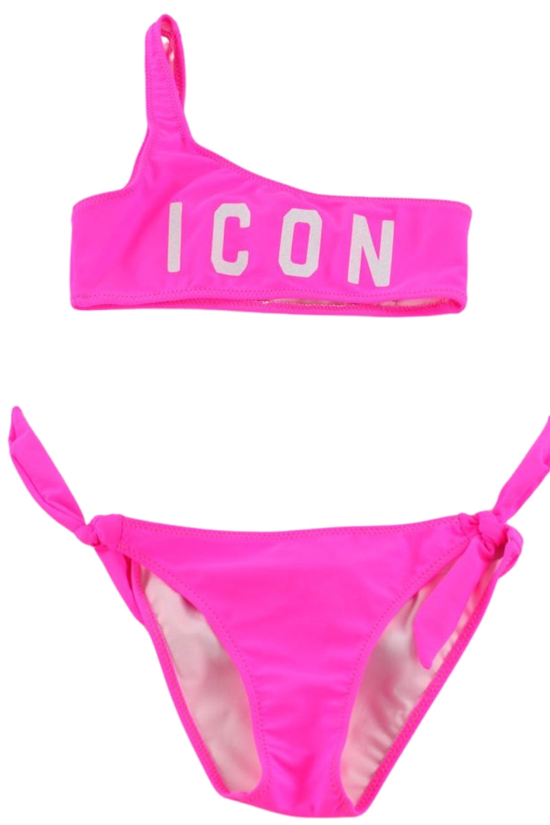 Bikini da ragazza con top monospalla, slip regolabile e maxi logo lettering frontale IGCS00641