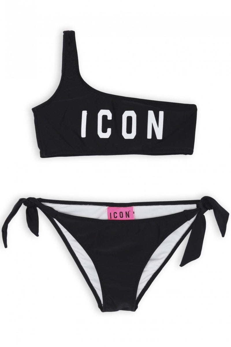 Bikini da ragazza con top monospalla, slip regolabile e maxi logo lettering frontale IGCS00641