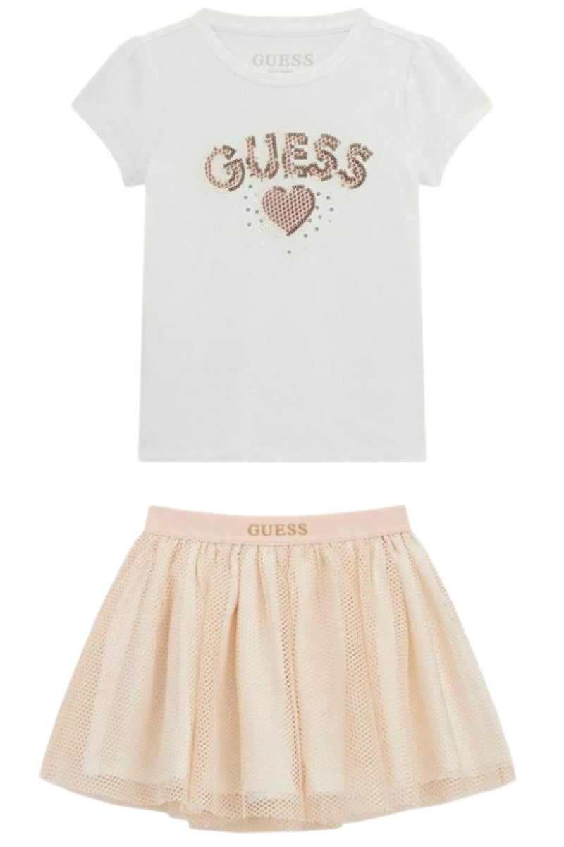 Completo da bambina con gonna a rete e logo lettering con paillettes K5RG06K6YW0