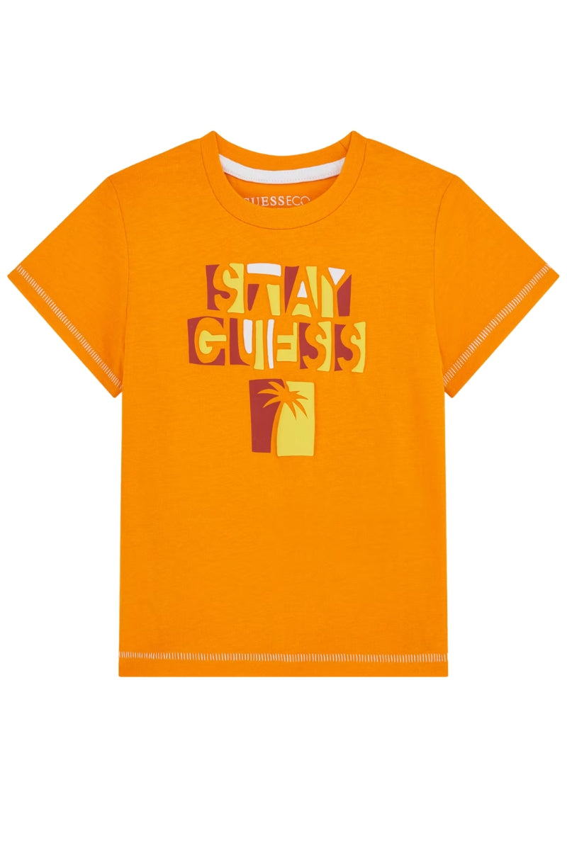 T-shirt girocollo da bambino con maxi logo frontale e cuciture a contrasto colore N5GI15K8HM4