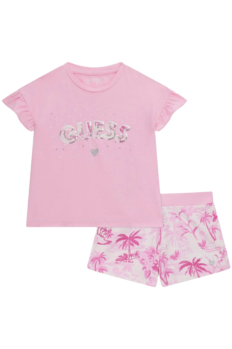 Completo due pezzi da bambina con stampa tropical e logo lettering con paillettes K5GG05K6YW4