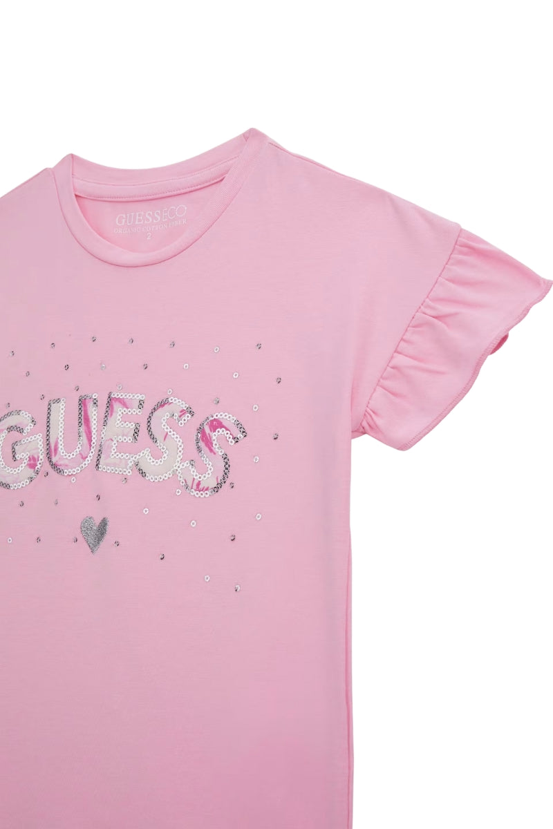 Completo due pezzi da bambina con stampa tropical e logo lettering con paillettes K5GG05K6YW4