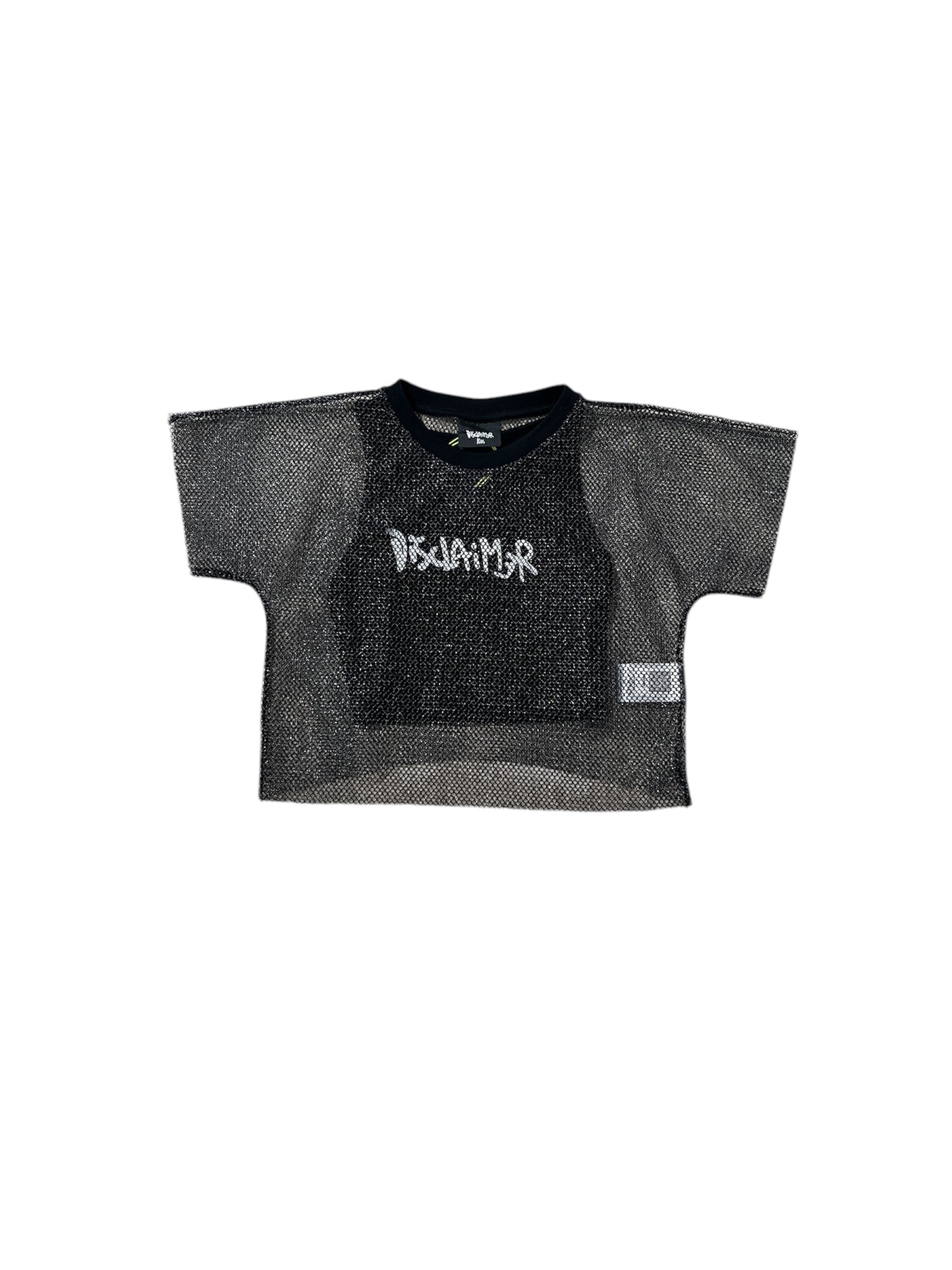 T-shirt da ragazza in tessuto retinato con lurex argento e logo lettering sul petto 25EDK58542