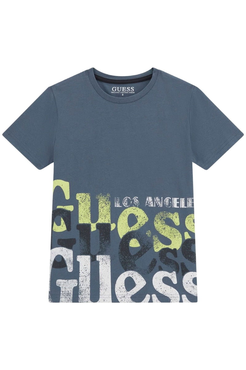 T-shirt girocollo da ragazzo con multi logo lettering sul fondo  L5RI12K8HM4