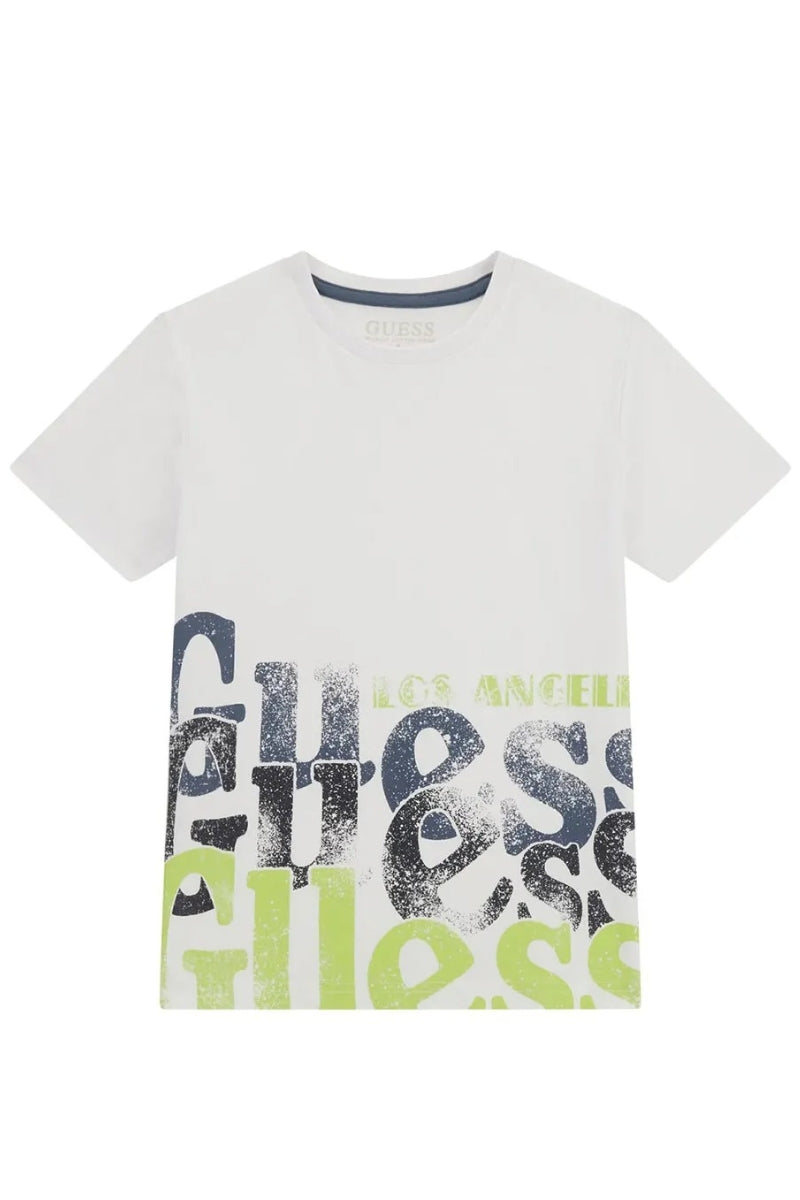 T-shirt girocollo da ragazzo con multi logo lettering sul fondo  L5RI12K8HM4