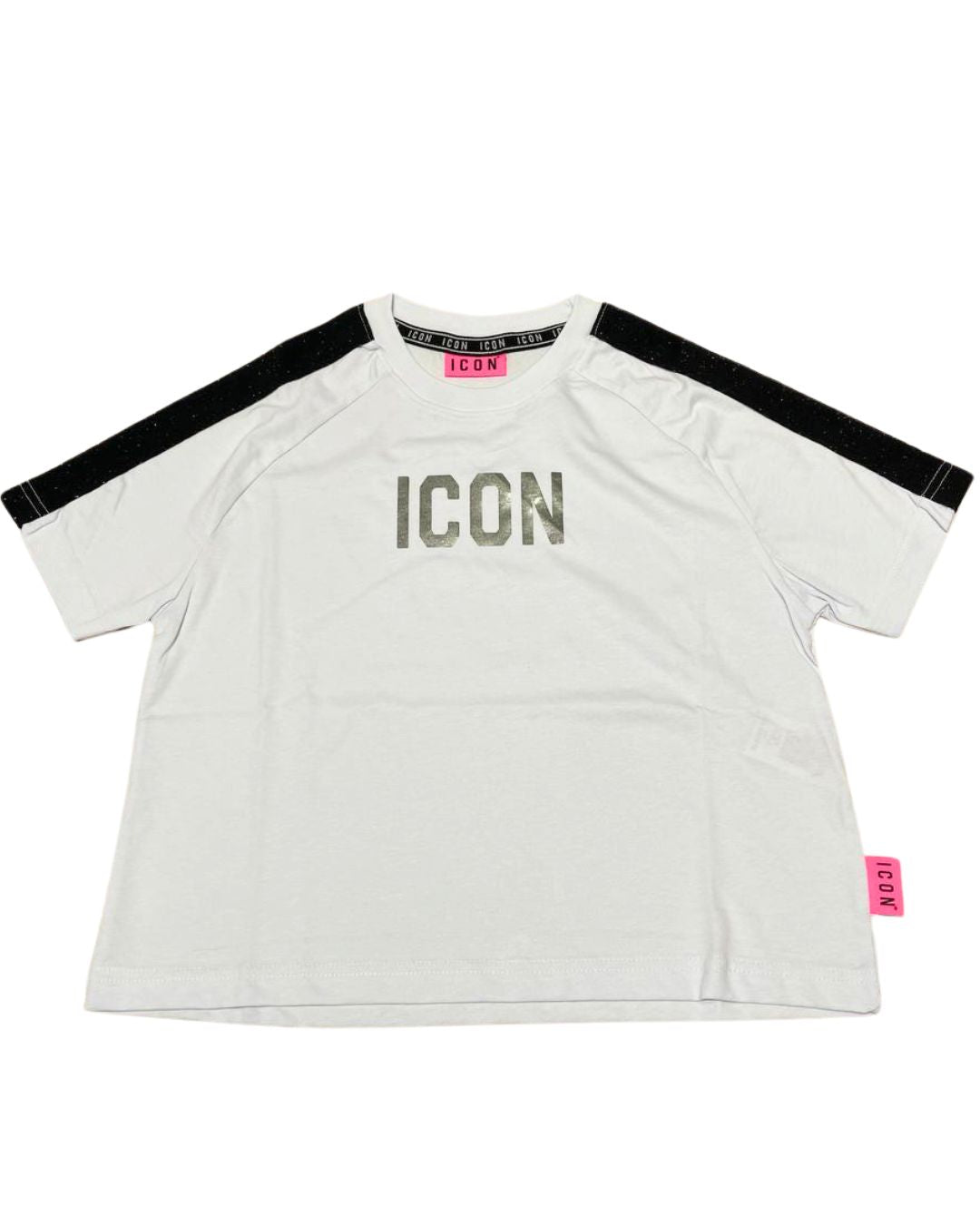 T-shirt da ragazza con fasce laterali glitterate a contrasto e logo lettering frontale IGKS00655