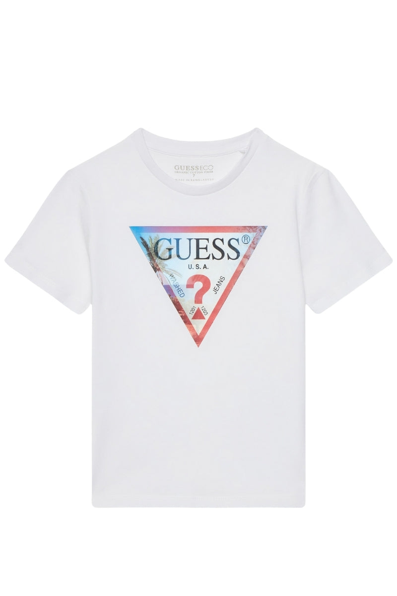 T-shirt girocollo da ragazzo con maxi triangolo logato a fantasia sul davanti L5GI26K8HM4